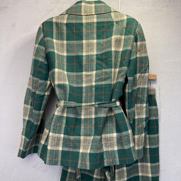 Vintage 60s Pendleton Wool Suit Womens 12 Green Tartan Plaid Belted Jacket Pants - Picture 9 of 16